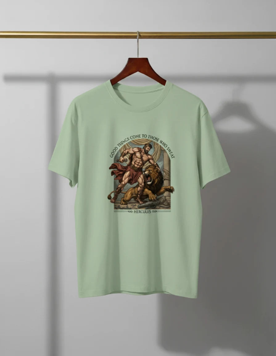 Men’s “Good Things Come to Those Who Sweat” Hercules Graphic T-Shirt – Stylish Casual Wear Classic Crew T-Shirt