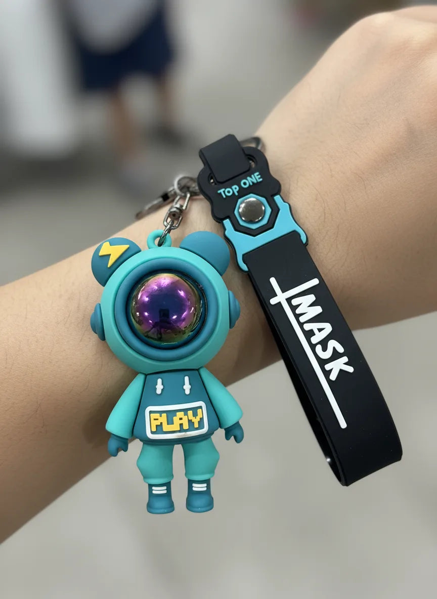 Trendy Astronaut Keychain Teal Blue Color – Funky 3D Rubber Key Ring for Bikes, Bags & Gifts