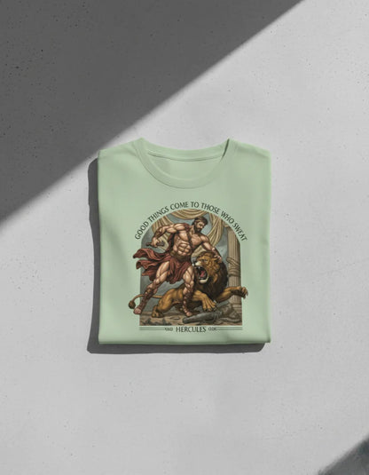 Men’s “Good Things Come to Those Who Sweat” Hercules Graphic T-Shirt – Stylish Casual Wear Classic Crew T-Shirt