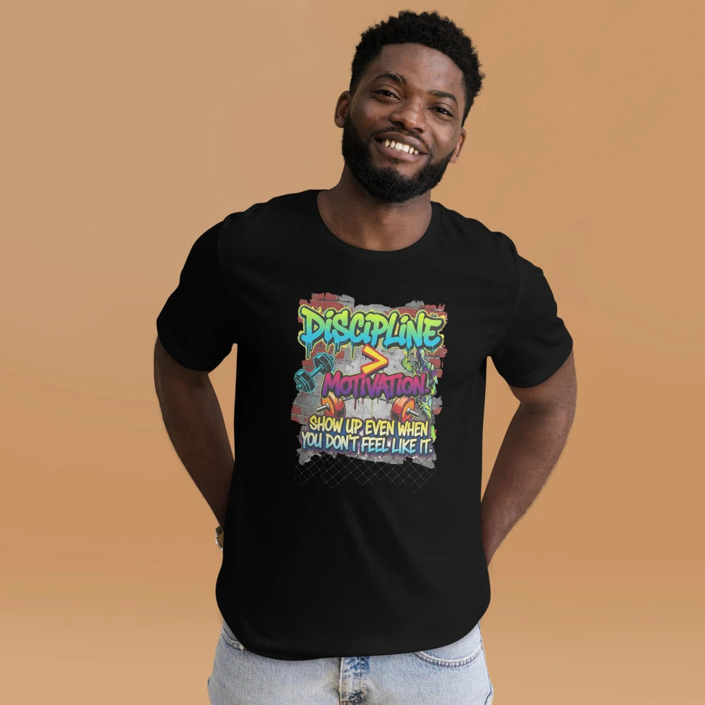 Unisex Motivational T-Shirt – “Discipline Over Motivation” Graphic Gym & Casual Tee | Classic Crew T-Shirt