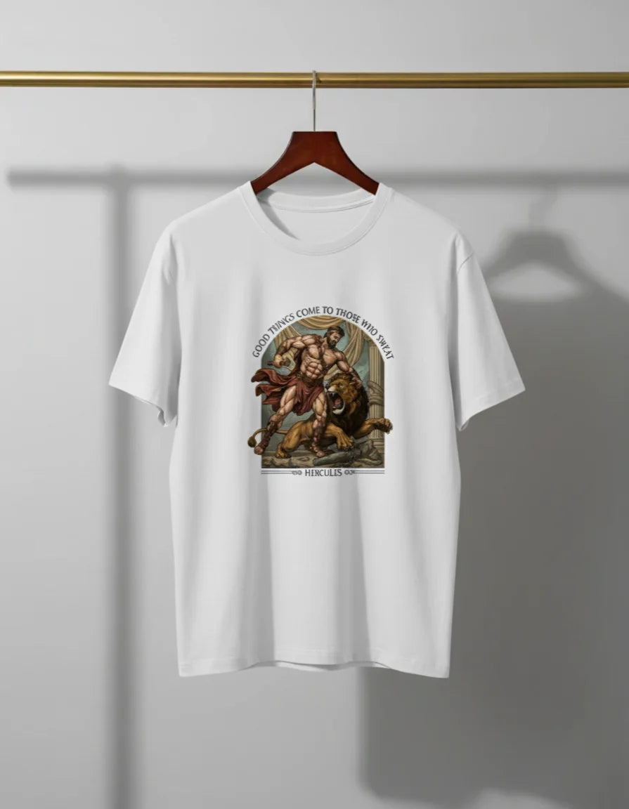 Men’s “Good Things Come to Those Who Sweat” Hercules Graphic T-Shirt – Stylish Casual Wear Classic Crew T-Shirt