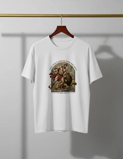 Men’s “Good Things Come to Those Who Sweat” Hercules Graphic T-Shirt – Stylish Casual Wear Classic Crew T-Shirt