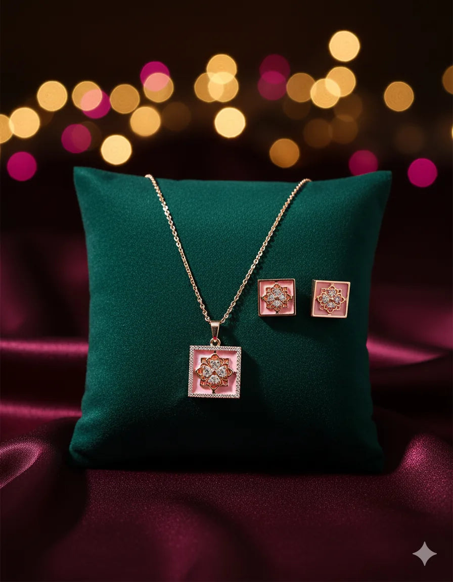 Rose Gold Square Pendant Set for Women | Floral Design | Stainless Steel | Anti-Tarnish Jewelry