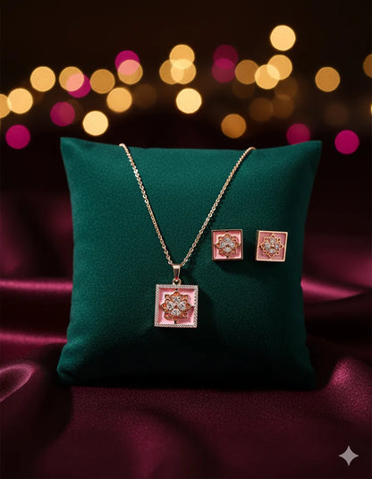 Rose Gold Square Pendant Set for Women | Floral Design | Stainless Steel | Anti-Tarnish Jewelry