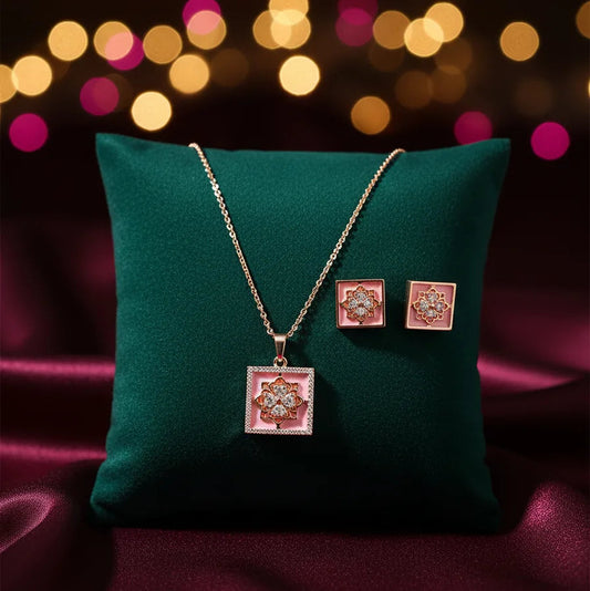 Rose Gold Square Pendant Set for Women | Floral Design | Stainless Steel | Anti-Tarnish Jewelry