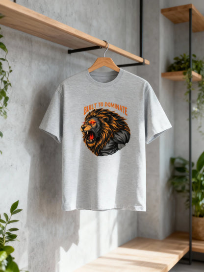 Men’s “Built to Dominate” Lion Graphic Gym & Casual T-Shirt Basic T-Shirt