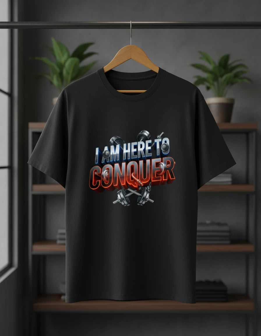 Unisex “I Am Here to Conquer” T-Shirt – Motivational & Casual Wear | Basic T-Shirt