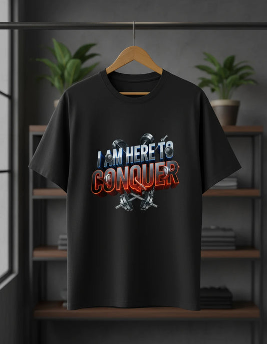 Unisex “I Am Here to Conquer” T-Shirt – Motivational & Casual Wear | Basic T-Shirt