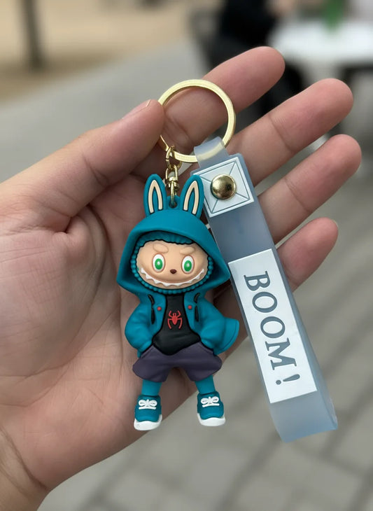 Labubu Cartoon Keychain Blue Color – Funky Rubber Key Ring for Bags, Bikes & Gifts