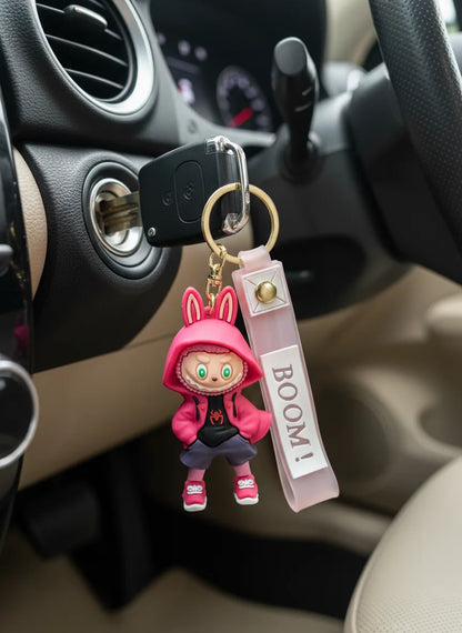 Labubu Cartoon Keychain Pink Color – Funky Rubber Key Ring for Bags, Bikes & Gifts