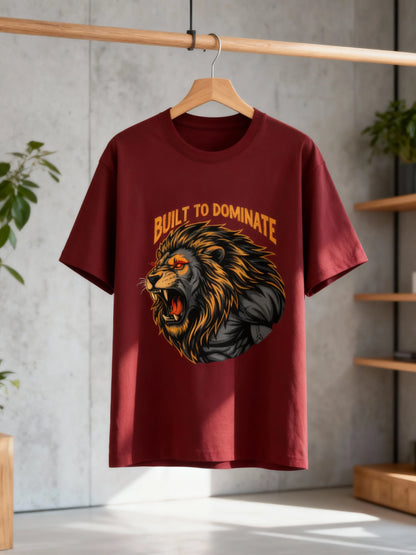 Men’s “Built to Dominate” Lion Graphic Gym & Casual T-Shirt Basic T-Shirt