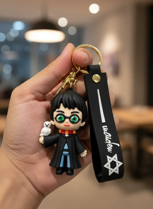 Harry Potter Inspired Keychain with Owl & Black Strap – Cute Cartoon Rubber Key Ring for Fans