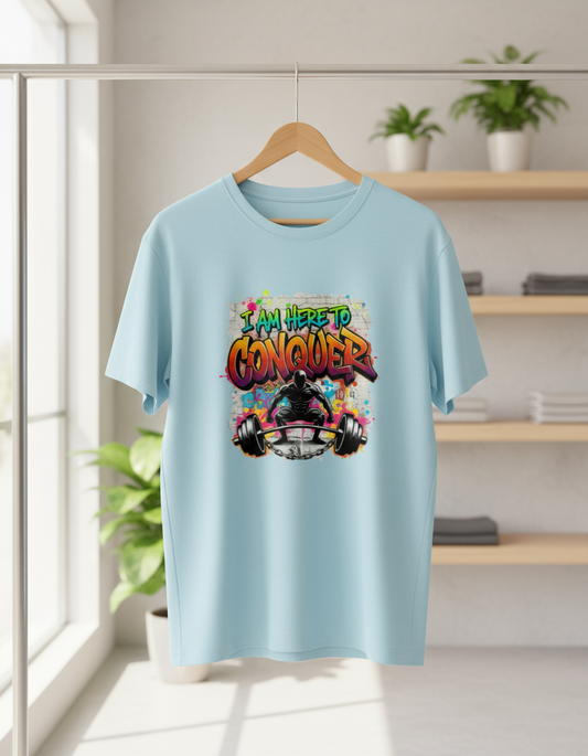 Unisex Classic Crew T-Shirt “I Am Here to Conquer” Graphic Gym T-Shirt – Motivational Workout & Casual Tee