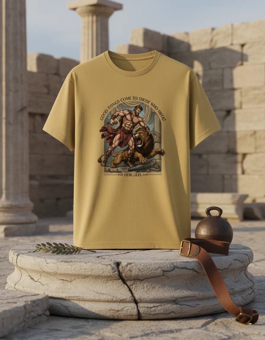 Men’s “Good Things Come to Those Who Sweat” Hercules Graphic T-Shirt – Stylish Casual Wear Classic Crew T-Shirt