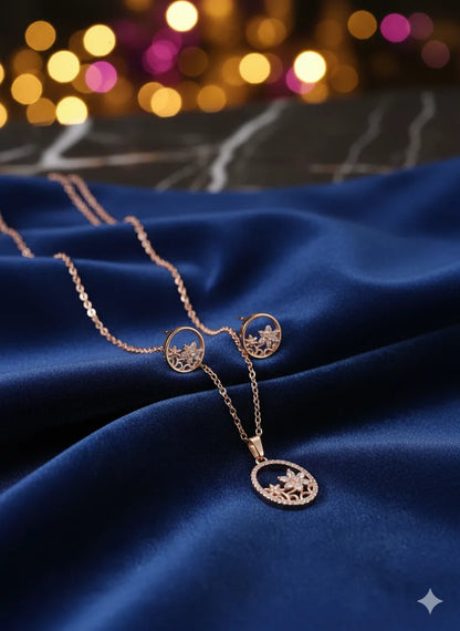 Rose Gold Floral Pendant Set for Women | Oval Design | Stainless Steel | Anti-Tarnish Jewelry