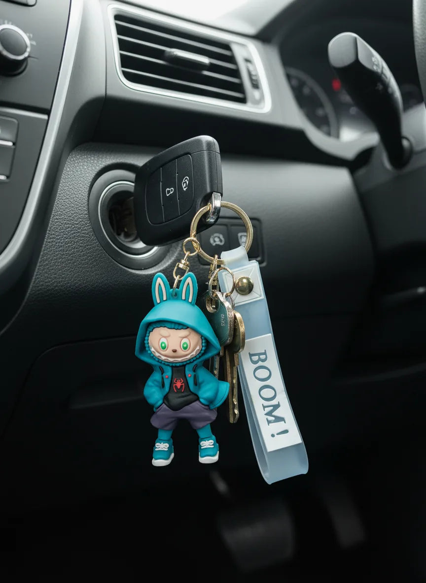 Labubu Cartoon Keychain Blue Color – Funky Rubber Key Ring for Bags, Bikes & Gifts