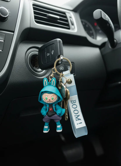 Labubu Cartoon Keychain Blue Color – Funky Rubber Key Ring for Bags, Bikes & Gifts