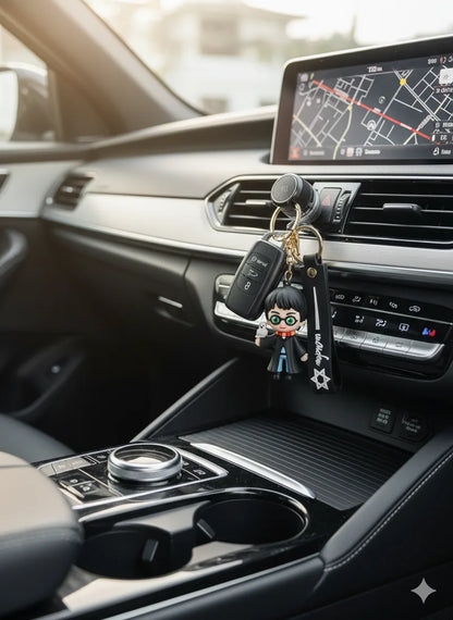 Harry Potter Inspired Keychain with Owl & Black Strap – Cute Cartoon Rubber Key Ring for Fans