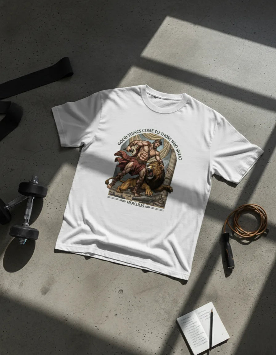 Men’s “Good Things Come to Those Who Sweat” Hercules Graphic T-Shirt – Stylish Casual Wear Classic Crew T-Shirt