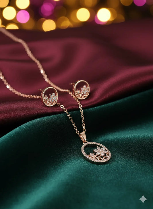 Rose Gold Floral Pendant Set for Women | Oval Design | Stainless Steel | Anti-Tarnish Jewelry