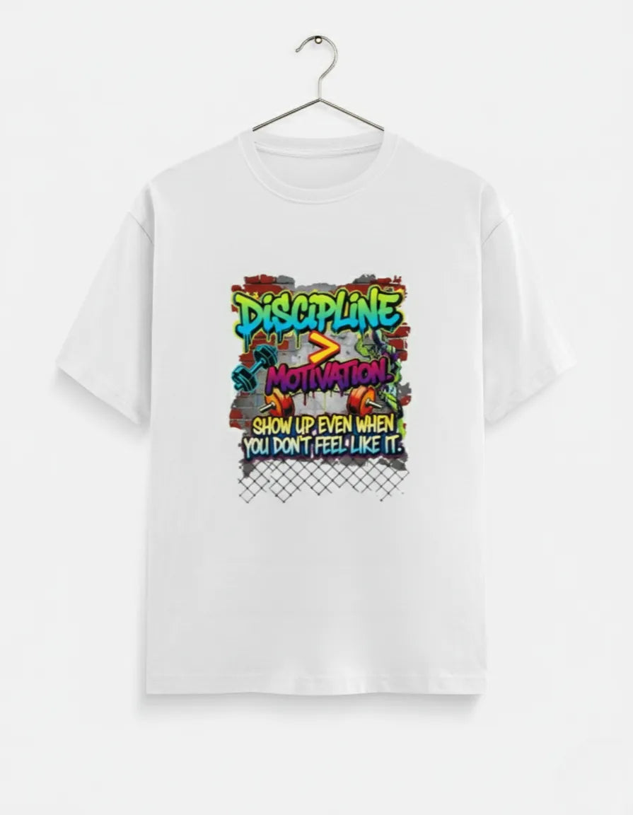 Unisex Motivational T-Shirt – “Discipline Over Motivation” Graphic Gym & Casual Tee | Classic Crew T-Shirt