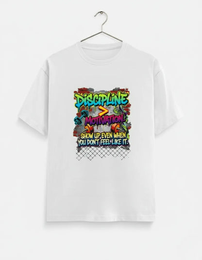 Unisex Motivational T-Shirt – “Discipline Over Motivation” Graphic Gym & Casual Tee | Classic Crew T-Shirt