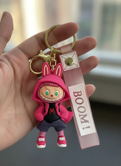 Labubu Cartoon Keychain Pink Color – Funky Rubber Key Ring for Bags, Bikes & Gifts