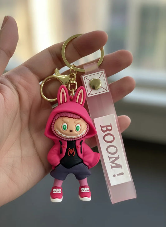 Labubu Cartoon Keychain Pink Color – Funky Rubber Key Ring for Bags, Bikes & Gifts