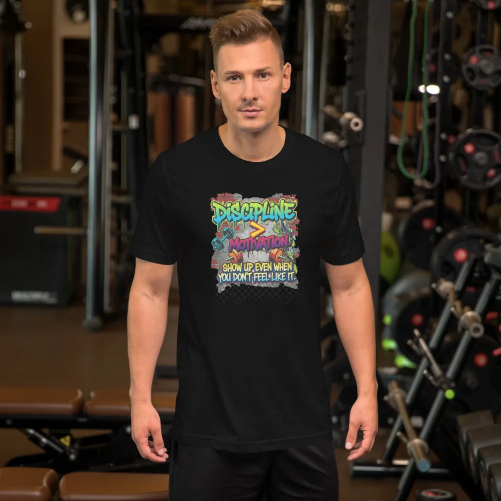 Unisex Motivational T-Shirt – “Discipline Over Motivation” Graphic Gym & Casual Tee | Classic Crew T-Shirt