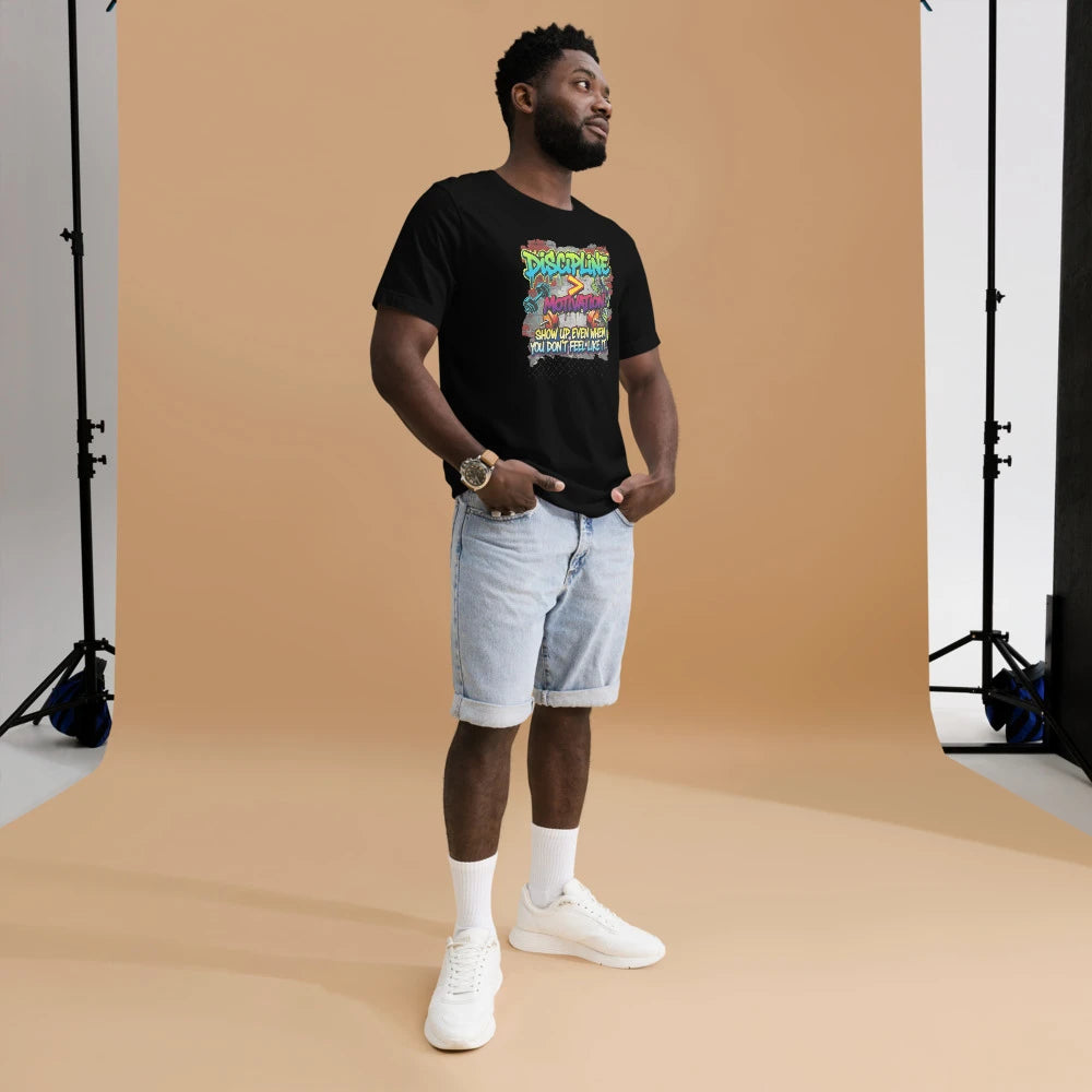 Unisex Motivational T-Shirt – “Discipline Over Motivation” Graphic Gym & Casual Tee | Classic Crew T-Shirt