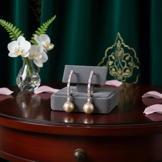 Rose Gold Pearl Drop Earrings for Women | Crystal Studded | Anti-Tarnish Stainless Steel Jewelry