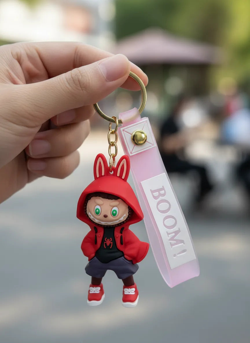 Labubu Cartoon Keychain Red Color – Funky Rubber Key Ring for Bags, Bikes & Gifts
