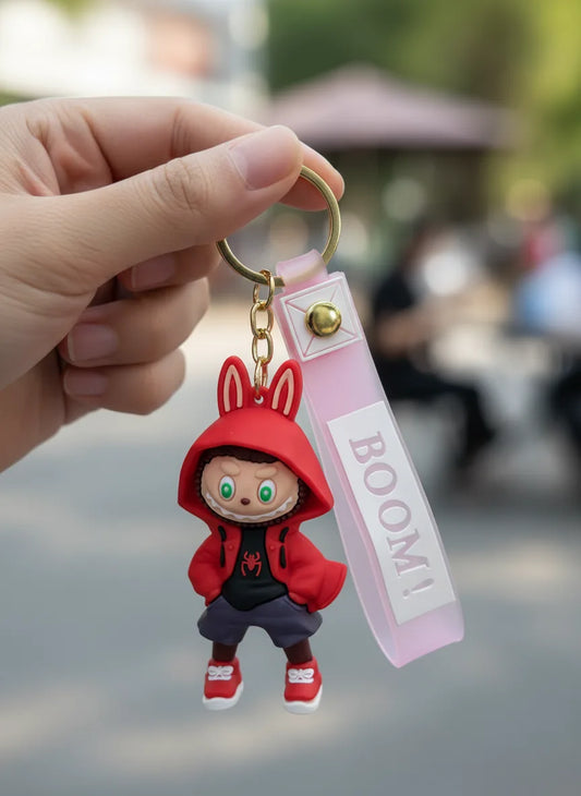 Labubu Cartoon Keychain Red Color – Funky Rubber Key Ring for Bags, Bikes & Gifts