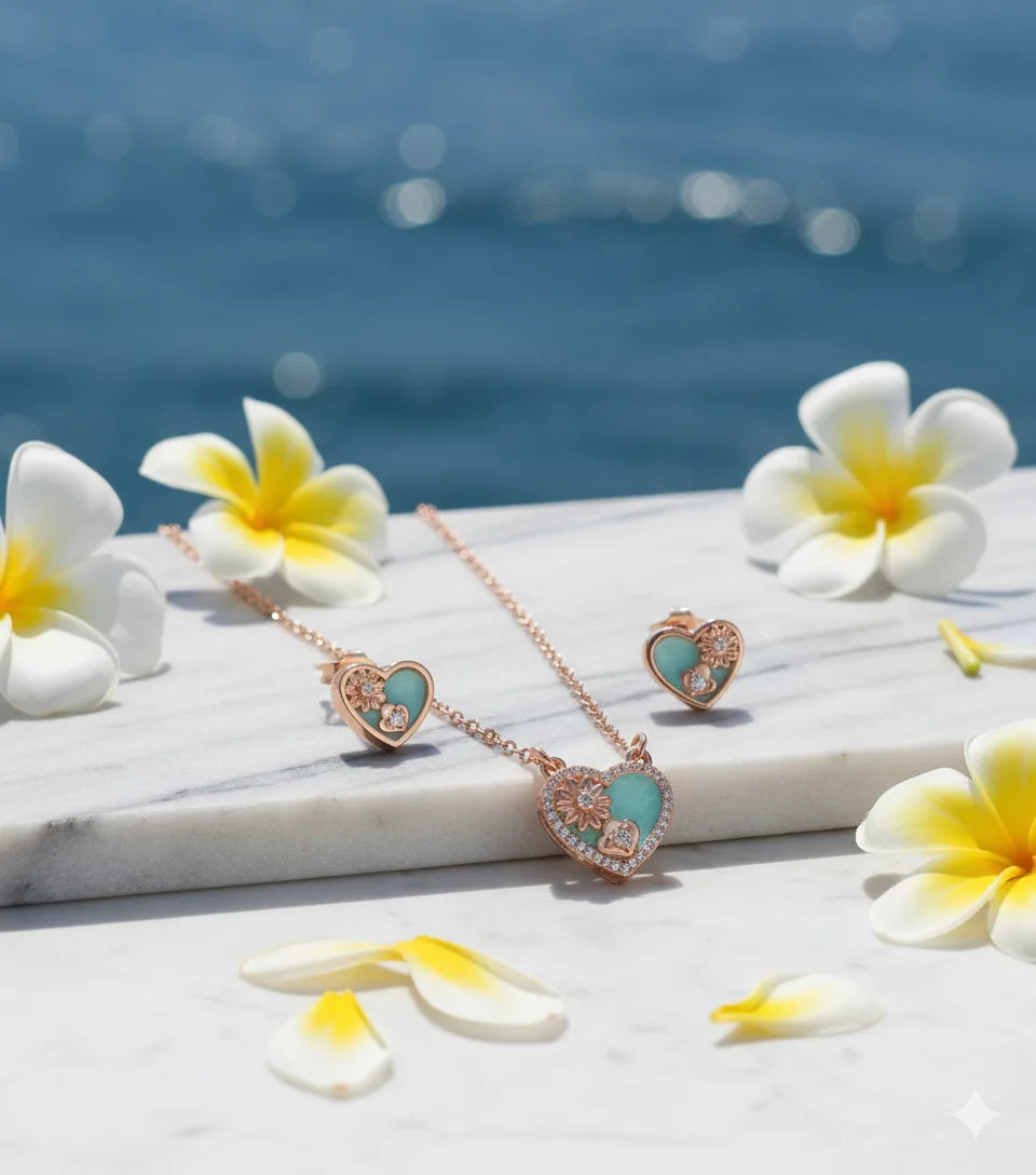 Rose Gold Heart Pendant Set for Women | Aqua Enamel & Floral Detailing | Anti-Tarnish Stainless Steel