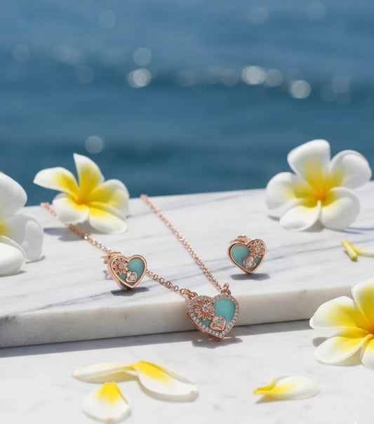Rose Gold Heart Pendant Set for Women | Aqua Enamel & Floral Detailing | Anti-Tarnish Stainless Steel