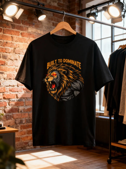 Men’s “Built to Dominate” Lion Graphic Gym & Casual T-Shirt Basic T-Shirt