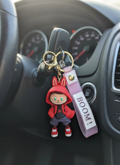 Labubu Cartoon Keychain Red Color – Funky Rubber Key Ring for Bags, Bikes & Gifts