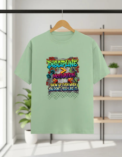 Unisex Motivational T-Shirt – “Discipline Over Motivation” Graphic Gym & Casual Tee | Classic Crew T-Shirt