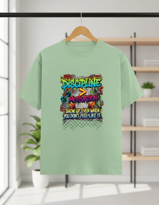 Unisex Motivational T-Shirt – “Discipline Over Motivation” Graphic Gym & Casual Tee | Classic Crew T-Shirt