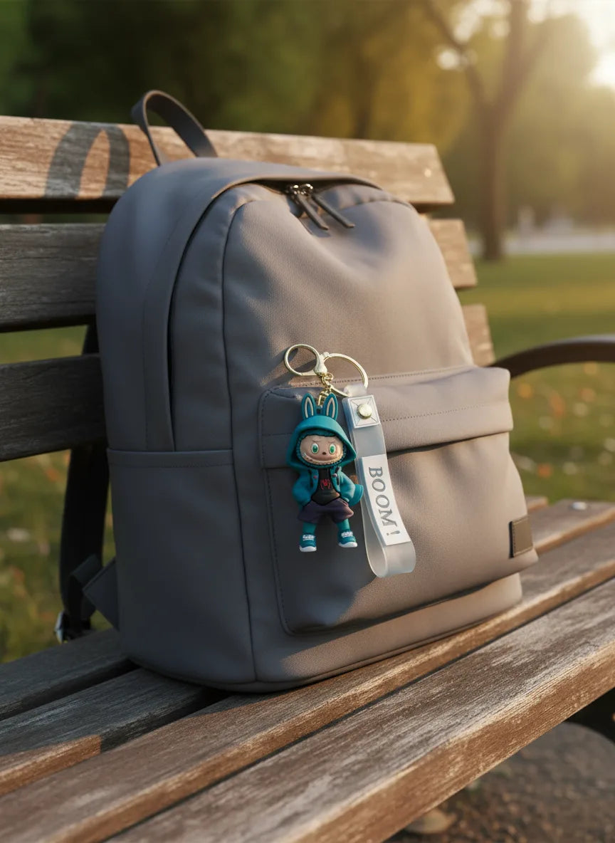 Labubu Cartoon Keychain Blue Color – Funky Rubber Key Ring for Bags, Bikes & Gifts