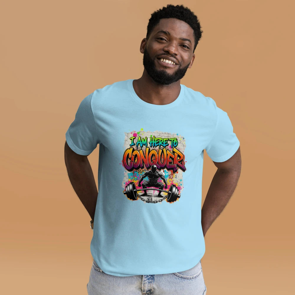 Unisex Classic Crew T-Shirt “I Am Here to Conquer” Graphic Gym T-Shirt – Motivational Workout & Casual Tee