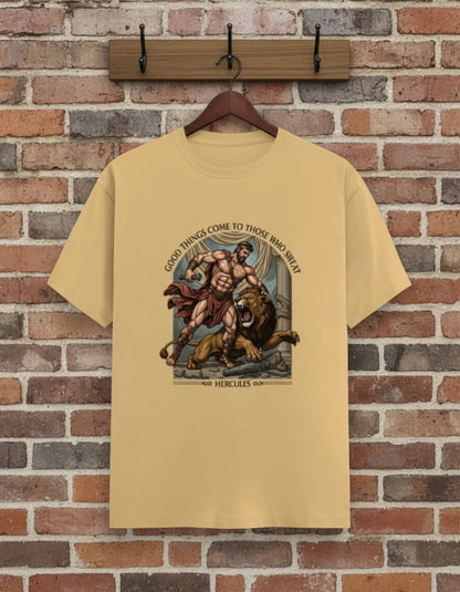 Men’s “Good Things Come to Those Who Sweat” Hercules Graphic T-Shirt – Stylish Casual Wear Classic Crew T-Shirt