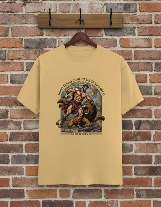 Men’s “Good Things Come to Those Who Sweat” Hercules Graphic T-Shirt – Stylish Casual Wear Classic Crew T-Shirt