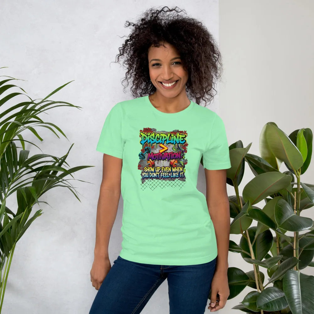 Unisex Motivational T-Shirt – “Discipline Over Motivation” Graphic Gym & Casual Tee | Classic Crew T-Shirt