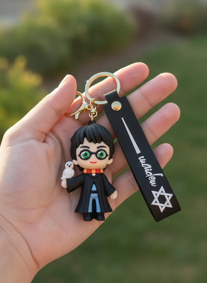 Harry Potter Inspired Keychain with Owl & Black Strap – Cute Cartoon Rubber Key Ring for Fans