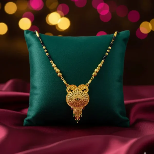 Gold Plated Traditional Mangalsutra for Women Gold plated traditional mangalsutra for women with an ornate pendant and black-bead chain