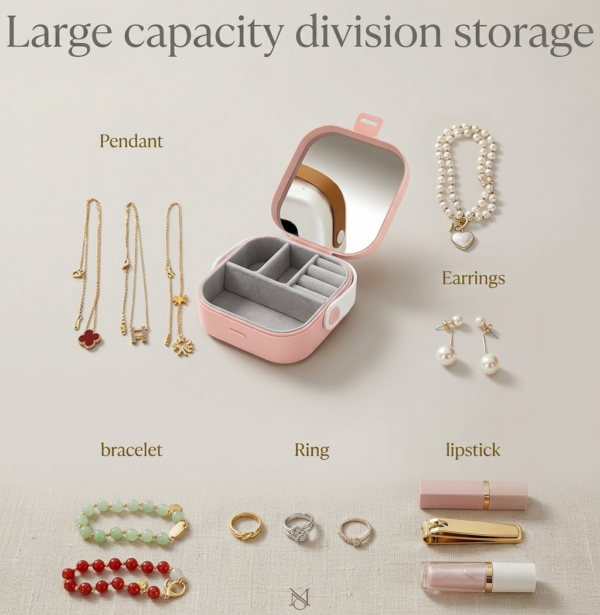 Mini Jewellery Organizer Box with Mirror – Portable Travel Jewellery Storage Case (2) Mini Jewellery Organizer Box with Mirror – Portable Travel Jewellery Storage Case