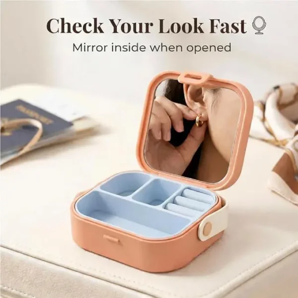 Mini Jewellery Organizer Box with Mirror – Portable Travel Jewellery Storage Case (5) Mini Jewellery Organizer Box with Mirror – Portable Travel Jewellery Storage Case
