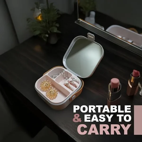 Mini Jewellery Organizer Box with Mirror – Portable Travel Jewellery Storage Case (6) Mini Jewellery Organizer Box with Mirror – Portable Travel Jewellery Storage Case