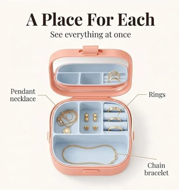 Mini Jewellery Organizer Box with Mirror – Portable Travel Jewellery Storage Case (8) Mini Jewellery Organizer Box with Mirror – Portable Travel Jewellery Storage Case